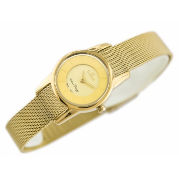 Mały zegarek damski marki G.Rossi na złotej bransolecie mesh. Złote wskazówki i indeksy na złotej tarczy bez cyfr. Złota koperta zegarka o średnicy 24 mm.
