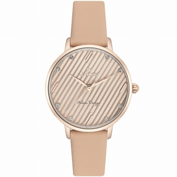 Zegarek damski G.Rossi na białym skórzanym pasku. Wskazówki i indeksy w kolorze złotym umieszczone na wzorzystej srebrnej tarczy ozdobionej cyrkoniami. Złota koperta ma rozmiar 34 mm.