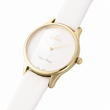 Zegarek damski G.Rossi na białym skórzanym pasku. Złote wskazówki na białej tarczy bez cyfr. Złota koperta w rozmiarze 34 mm.