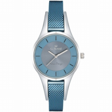 Zegarek damski G.Rossi na błękitnej bransolecie typu Mesh. Srebrne wskazówki i czarne indeksy na jasnoniebieskiej i metalicznej tarczy bez cyfr. Srebrna koperta zegarka w rozmiarze 30 mm.