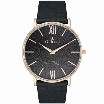 Zegarek damski G.Rossi ze złoto-różową kopertą na czarnym skórzanym pasku. Czarna, wzorzysta tarcza ze złoto-różowymi cyframi rzymskimi, indeksami i wskazówkami
