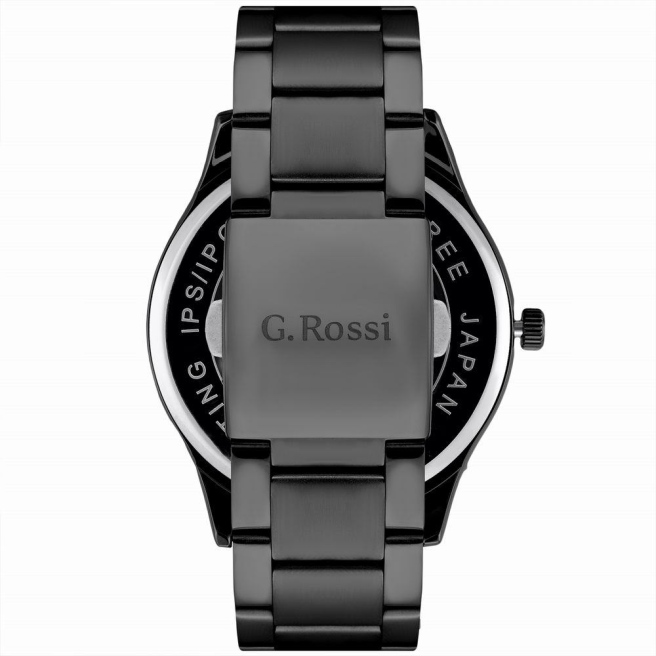 Czarny klasyczny zegarek męski G.Rossi na bransolecie. Srebrne indeksy i wskazówki (czerwony sekundnik) na czarnej tarczy z datownikiem.