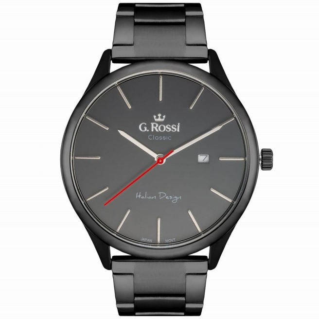 Czarny klasyczny zegarek męski G.Rossi na bransolecie. Srebrne indeksy i wskazówki (czerwony sekundnik) na czarnej tarczy z datownikiem.