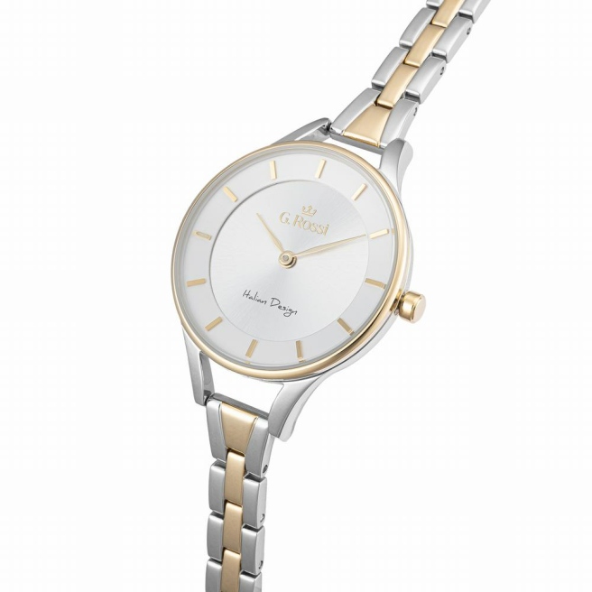 Zegarek damski G.Rossi na srebrno-złotej bransolecie, posiada srebrną tarczę ze złotymi indeksami i wskazówkami