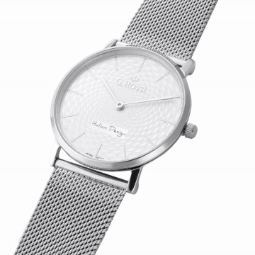 Srebrny zegarek damski G.Rossi na bransolecie Mesh, z efektowną srebrną tarczą