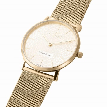Złoty zegarek damski G.Rossi na złotej bransolecie typu mesh, z efektowną złotą tarczą