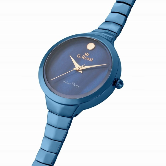 Zegarek damski G.Rossi na granatowej bransolecie. Złote wskazówki na granatowej tarczy bez cyfr. Granatowa koperta w rozmiarze 34 mm.
