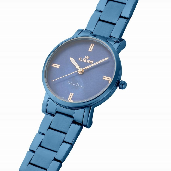 Zegarek damski G.Rossi na granatowej bransolecie. Złote wskazówki i indeksy na granatowej tarczy bez cyfr. Granatowa koperta w rozmiarze 34 mm.