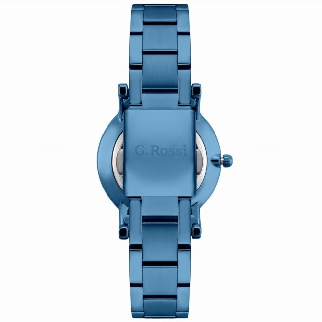 Zegarek damski G.Rossi na granatowej bransolecie. Złote wskazówki i indeksy na granatowej tarczy bez cyfr. Granatowa koperta w rozmiarze 34 mm.