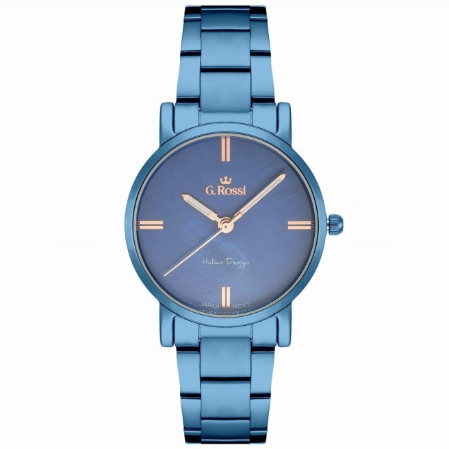 Zegarek damski G.Rossi na granatowej bransolecie. Złote wskazówki i indeksy na granatowej tarczy bez cyfr. Granatowa koperta w rozmiarze 34 mm.