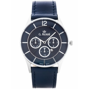 Zegarek męski G.Rossi na granatowym skórzanym pasku. Srebrne wskazówki i indeksy na niebieskiej tarczy z datownikiem. Srebrna koperta zegarka w rozmiarze 45 mm.