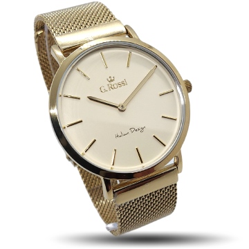 Oryginalny zegarek damski G. Rossi na złotej bransolecie mesh. Złote wskazówki i indeksy na złotej tarczy bez cyfr. Złota koperta zegarka w rozmiarze 40 mm.