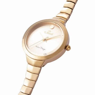Zegarek damski G.Rossi na bransolecie w kolorze różowego złota. Różowo-złote wskazówki na tarczy bez cyfr. Różowo-złota koperta w rozmiarze 34 mm.