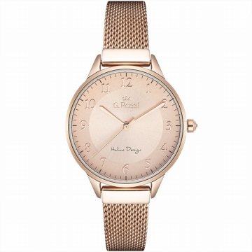 Różowo-złoty zegarek damski G.Rossi na bransolecie. Złoto-różowa tarcza z arabskimi cyframi. Koperta w rozmiarze 34 mm.