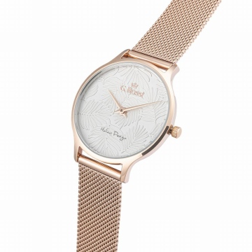 Zegarek damski G.Rossi na złoto-różowej bransolecie. Złoto-różowe wskazówki na białej wzorzystej tarczy bez cyfr. Złoto-różowa koperta w rozmiarze 34 mm.