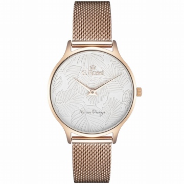 Zegarek damski G.Rossi na złoto-różowej bransolecie. Złoto-różowe wskazówki na białej wzorzystej tarczy bez cyfr. Złoto-różowa koperta w rozmiarze 34 mm.