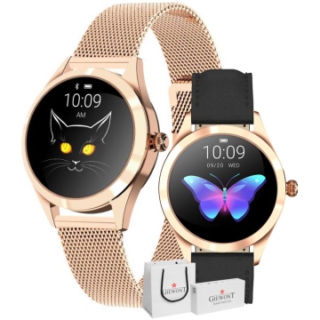 Smartwatch Damski RÓŻOWE ZŁOTO + Czarny skórzany pasek Giewont GW300-3