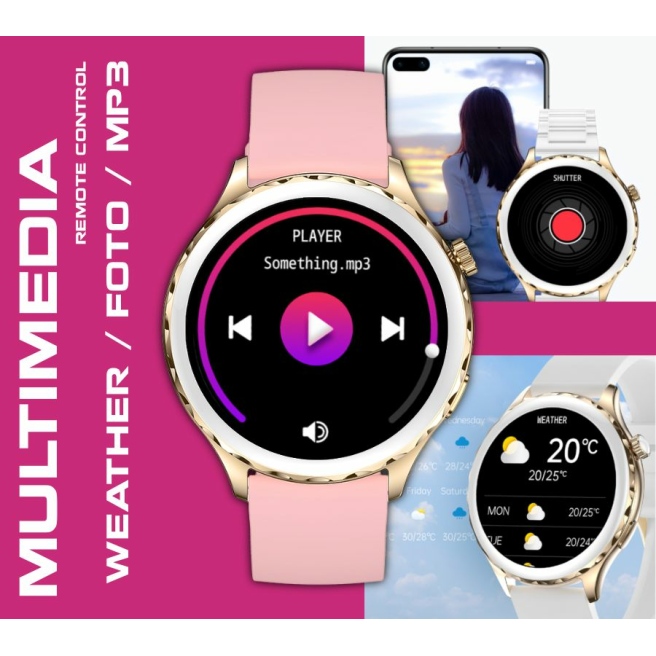 Smartwatch Damski Rubicon RNCF02-1 Srebrno-Srebrny + Czarny Silikonowy Pasek