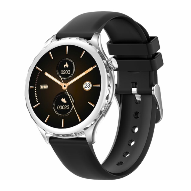 Smartwatch Damski Rubicon RNCF02-1 Srebrno-Srebrny + Czarny Silikonowy Pasek