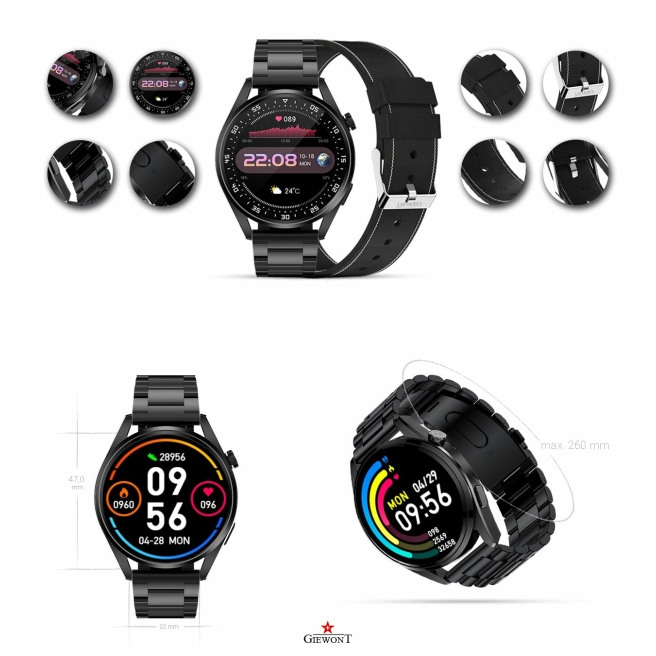 Smartwatch Giewont GW450-2 Czarny + Pasek Czarny Skórzany