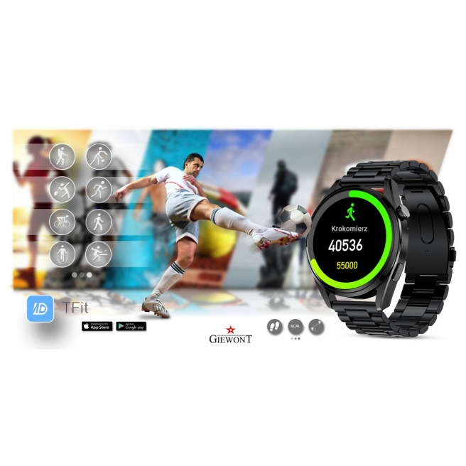 Smartwatch Giewont GW450-2 Czarny + Pasek Czarny Skórzany