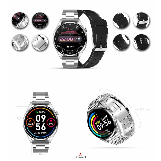 Smartwatch Giewont GW450-5 Srebrny + Pasek Czarny Skórzany