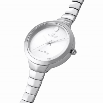 Srebrny zegarek damski G.Rossi na bransolecie. Srebrne wskazówki na srebrnej tarczy bez cyfr. Srebrna koperta w rozmiarze 34 mm.