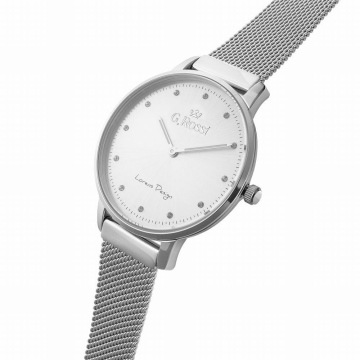 Zegarek damski G.Rossi na srebrnej bransolecie. Srebrne, fluorescencyjne wskazówki, cyrkonie, jako indeksy na srebrnej tarczy. Srebrna koperta zegarka w rozmiarze 38 mm.