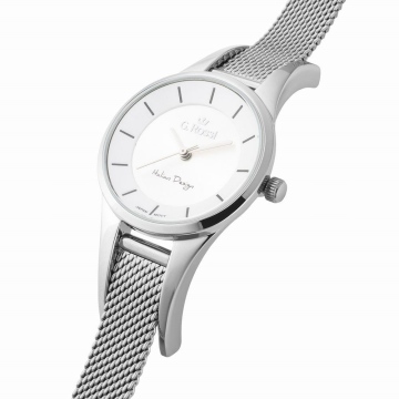 Zegarek damski G.Rossi na srebrnej bransolecie typu Mesh. Srebrne wskazówki i czarne indeksy na tarczy bez cyfr. Koperta zegarka w rozmiarze 30 mm.