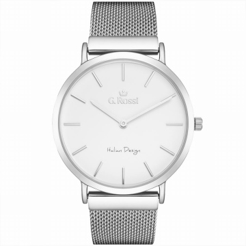 Zegarek damski G.Rossi na srebrnej bransolecie mesh. Srebrne wskazówki i indeksy na białej tarczy bez cyfr. Srebrna koperta zegarka w rozmiarze 40 mm.