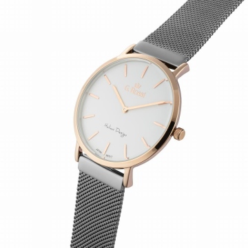 Zegarek damski G.Rossi na szarej/srebrnej bransolecie mesh. Złoto-różowe wskazówki i indeksy na białej tarczy bez cyfr. Różowo-złota koperta zegarka w rozmiarze 40 mm.