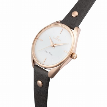 Zegarek damski G.Rossi na szarym skórzanym pasku. Różowo-złote wskazówki i indeksy na białej tarczy bez cyfr. Koperta w rozmiarze 34 mm.