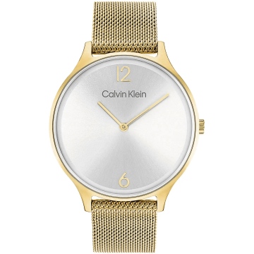Zegarek damski Calvin Klein Timeless 25200003 na bransolecie mesh złotej, srebrna tarcza