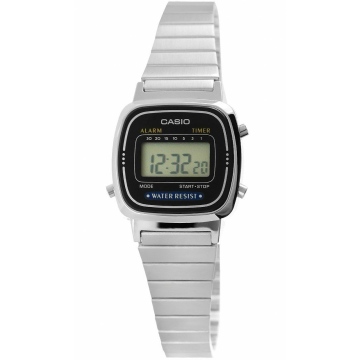Zegarek damski Casio Vintage LA670WD-1DF na bransolecie srebrnej, czarna tarcza