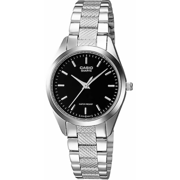 Zegarek damski Casio LTP-1274D-1ADF na bransolecie srebrnej, czarna tarcza