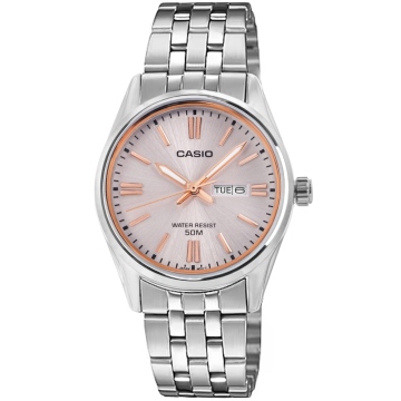 Zegarek damski Casio LTP-1335D-4AVDF na srebrnej bransolecie, różowa tarcza