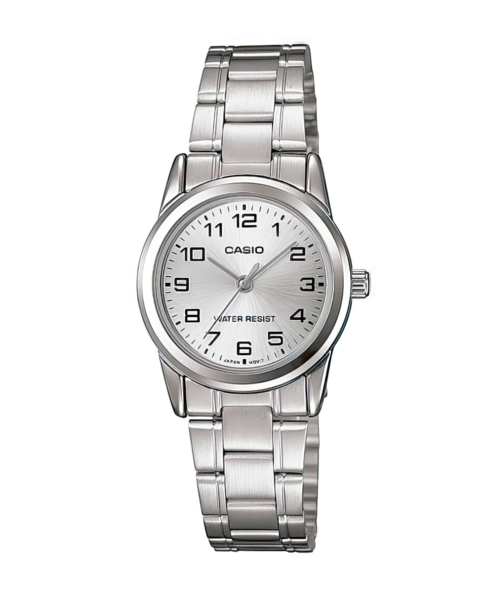 Zegarek damski Casio LTP-V001D-7BUDF na srebrnej bransolecie, srebrna tarcza Zegarek damski Casio LTP-V001D-7BUDF na srebrnej bransolecie, srebrna tarcza