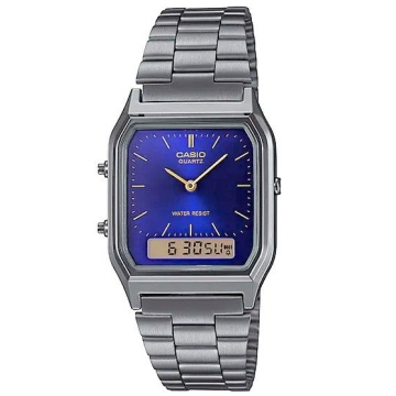 Zegarek uniseks Casio Vintage AQ-230GG-2ADF na szarej bransolecie, niebieska tarcza