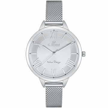 Zegarek damski marki G.Rossi na srebrnej bransolecie mesh ze stali szlachetnej. Srebrne wskazówki i indeksy na tarczy z rzymskimi cyframi. Srebrna koperta zegarka w rozmiarze 37 mm.