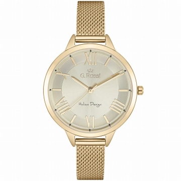 Zegarek damski marki G.Rossi na złotej bransolecie mesh ze stali szlachetnej. Złote wskazówki i indeksy na tarczy z rzymskimi cyframi. Złota koperta zegarka w rozmiarze 37 mm.