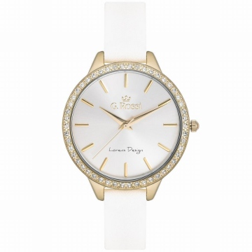 Zegarek damski G.Rossi na białym skórzanym pasku. Złote wskazówki i indeksy na białej tarczy. Złota koperta zegarka o średnicy 36 mm, ozdobiona cyrkoniami.