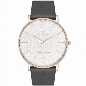 Zegarek damski G.Rossi ze złoto-różową kopertą na czarnym skórzanym pasku. Srebrna, wzorzysta tarcza ze złoto-różowymi cyframi rzymskimi, indeksami i wskazówkami