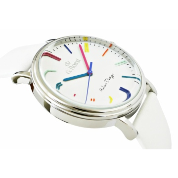 Zegarek damski na białym skórzanym pasku. Kolorowe wskazówki i indeksy na białej tarczy bez cyfr. Srebrna koperta zegarka w rozmiarze 44 mm.