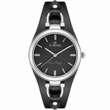 Zegarek damski marki G.Rossi na czarnym skórzanym pasku z podkładką. Srebrne wskazówki i indeksy na czarnej tarczy bez cyfr. Srebrna koperta zegarka w rozmiarze 35 mm.