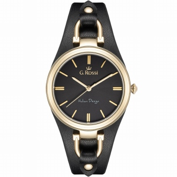 Zegarek damski marki G.Rossi na czarnym skórzanym pasku z podkładką. Złote wskazówki i indeksy na czarnej tarczy bez cyfr. Koperta zegarka w rozmiarze 35 mm.
