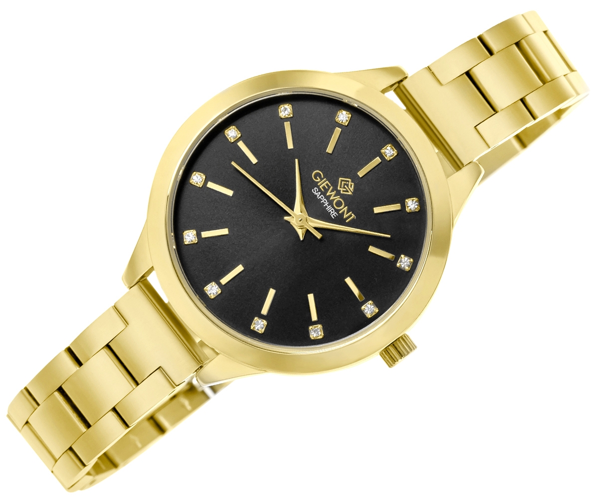 Zegarek damski Giewont Sapphire GW2720-B3 na bransolecie złotej, czarna tarcza - zdjęcie 3 Zegarek damski Giewont Sapphire GW2720-B3 na bransolecie złotej, czarna tarcza - zdjęcie 3