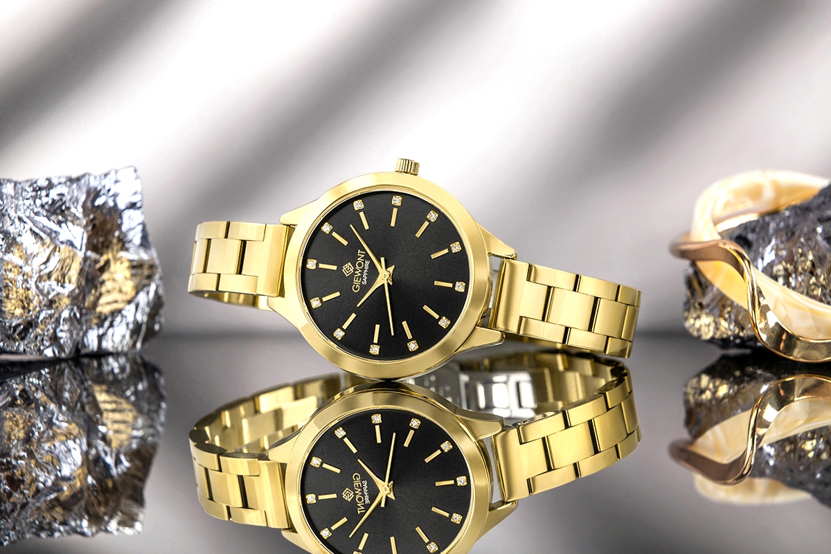 Zegarek damski Giewont Sapphire GW2720-B3 na bransolecie złotej, czarna tarcza - zdjęcie 7 Zegarek damski Giewont Sapphire GW2720-B3 na bransolecie złotej, czarna tarcza - zdjęcie 7