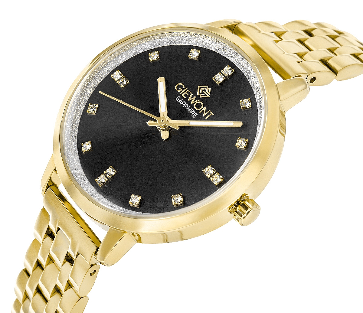 Zegarek damski Giewont Sapphire GW7370-B4 na bransolecie złotej, czarna tarcza - zdjęcie 2 Zegarek damski Giewont Sapphire GW7370-B4 na bransolecie złotej, czarna tarcza - zdjęcie 2