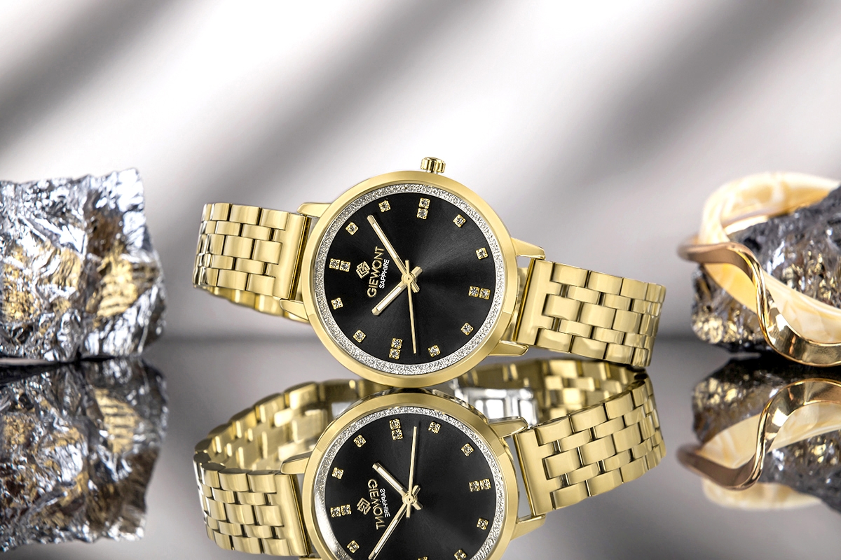 Zegarek damski Giewont Sapphire GW7370-B4 na bransolecie złotej, czarna tarcza - zdjęcie 6 Zegarek damski Giewont Sapphire GW7370-B4 na bransolecie złotej, czarna tarcza - zdjęcie 6