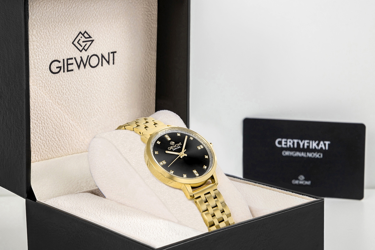 Zegarek damski Giewont Sapphire GW7370-B4 na bransolecie złotej, czarna tarcza - zdjęcie 8 Zegarek damski Giewont Sapphire GW7370-B4 na bransolecie złotej, czarna tarcza - zdjęcie 8